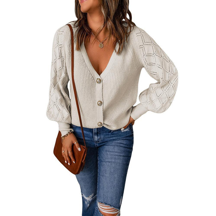 Damen Strickcardigan mit V-Ausschnitt, Zierknopfleiste und Ajourballonärmeln Drune