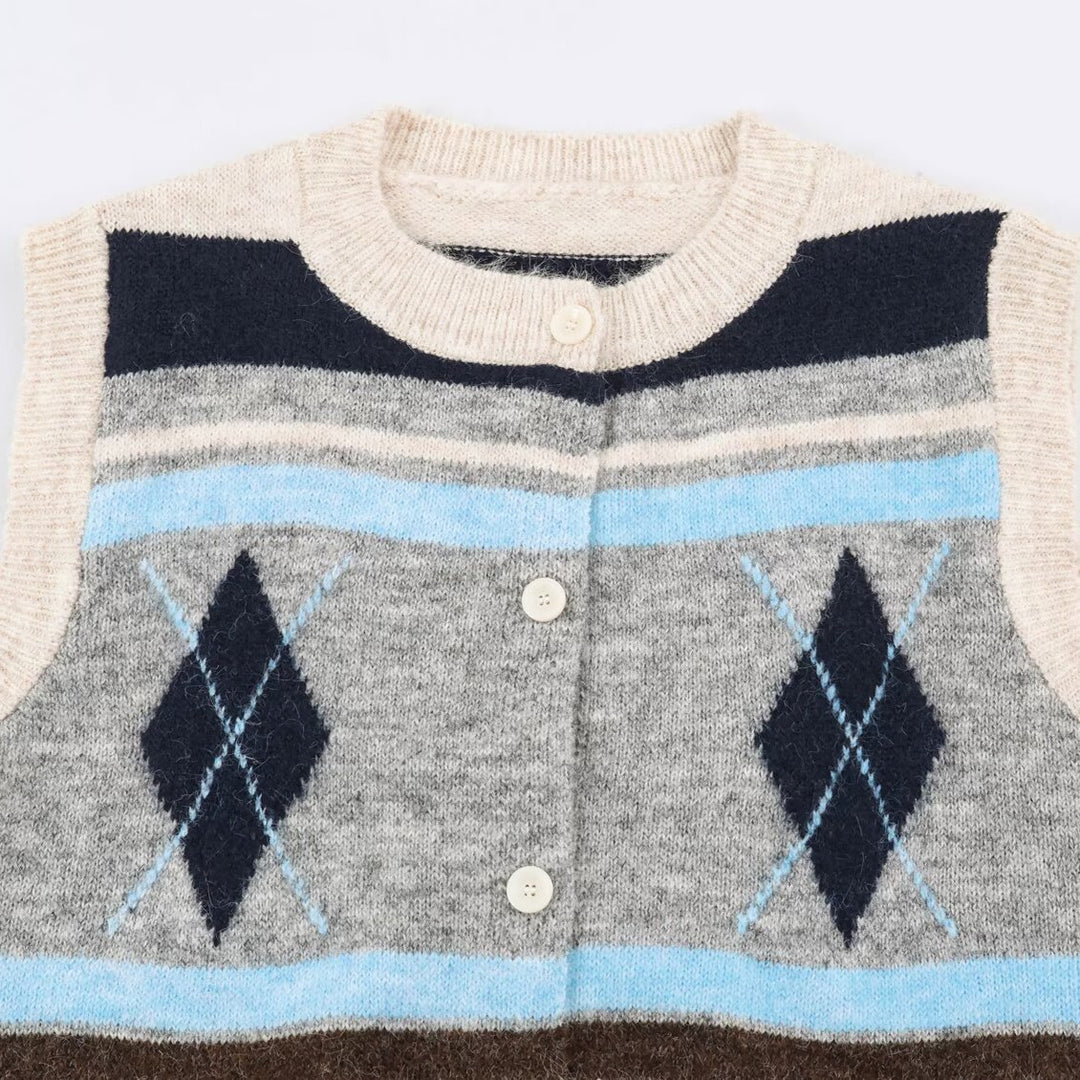 Damen Ärmellose Argyle-Strickweste mit durchgehender Knopfleiste und geripptem Saum Drune