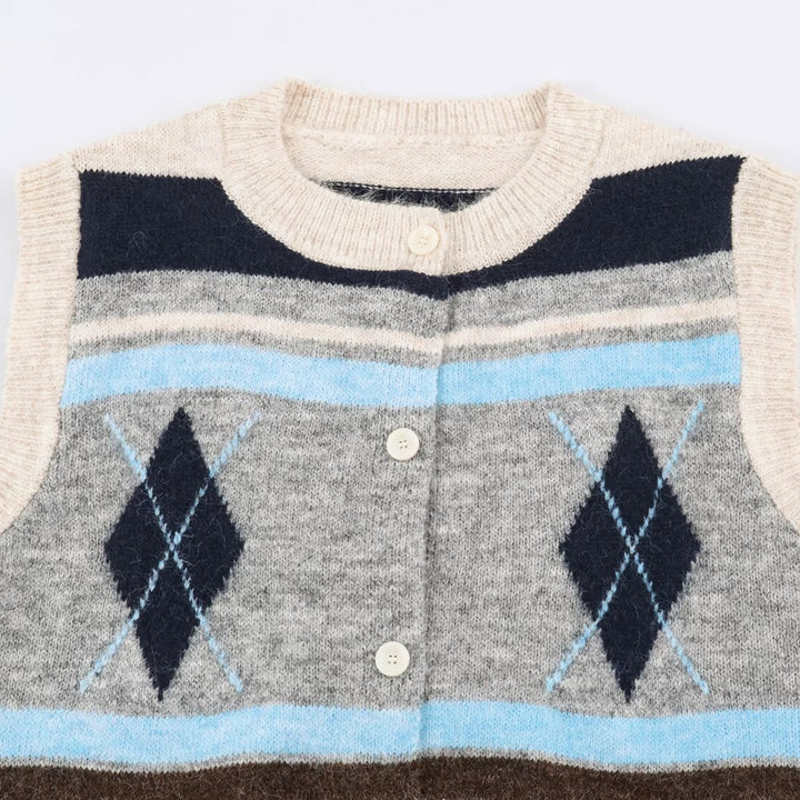 Damen Ärmellose Argyle-Strickweste mit durchgehender Knopfleiste und geripptem Saum Drune