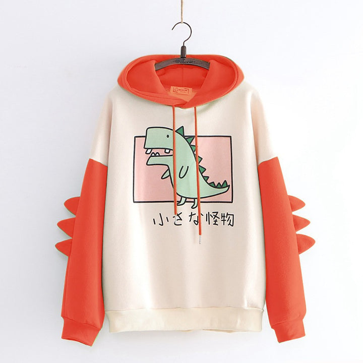Damen nan weiter Kapuzenpullover mit dreidimensionalen Rückenstacheln und niedlichem Dino-Print Drune
