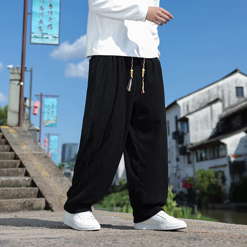 Herren Weit geschnittene Cord-Relaxhose mit elastischem Bund und Zierkordel Drune