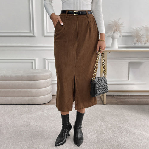 Damen Cord-Midirock mit hohem Bund, Eingrifftaschen und mittigem Schlitz Drune