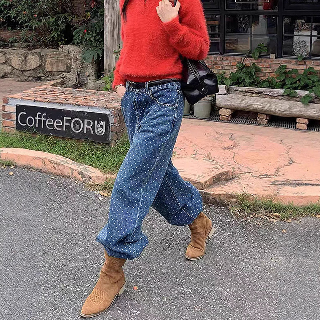 Damen nan hochgeschnittene weite Denimhose mit durchgehendem Punktmuster und klassischem Taschen-Design Drune