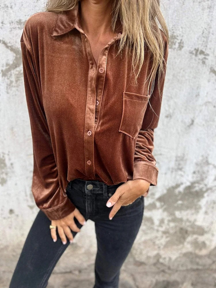 Damen Elegante Samtbluse mit klassischem Hemdkragen und langen Ärmeln Drune