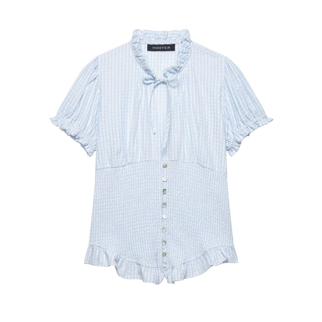 Damen Rüschenbluse mit geschlitztem Kragen und Knopfdetails Drune