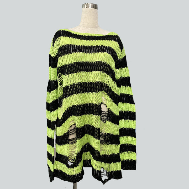 Damen nan Oversized Grobstrickpullover mit breiten Blockstreifen und aufgerissenem Design Drune