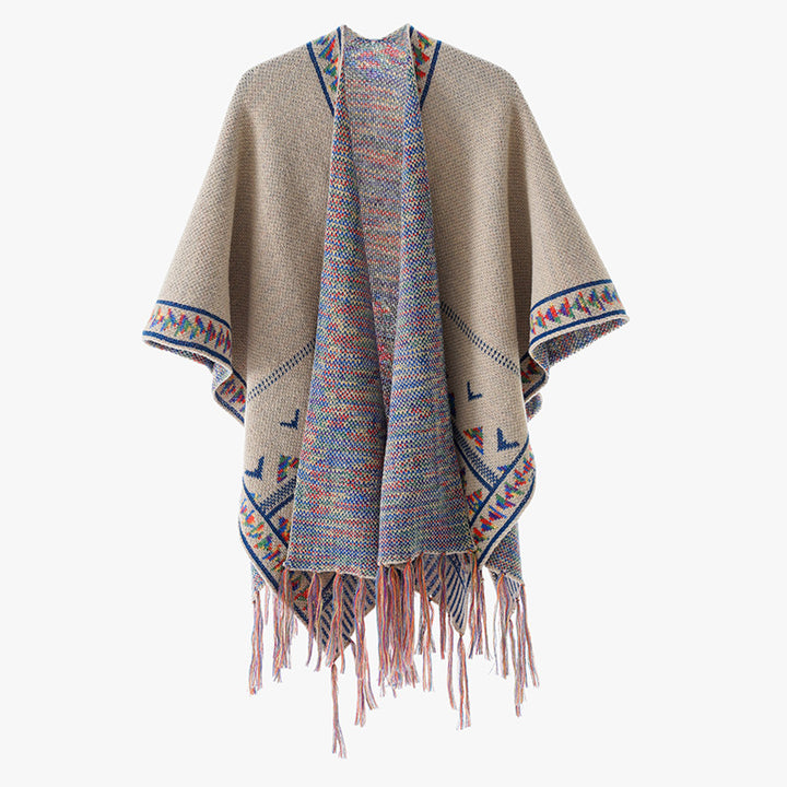 Damen Grobstrick-Poncho mit eingewebter Ethno‑Bordüre und Fransen Drune