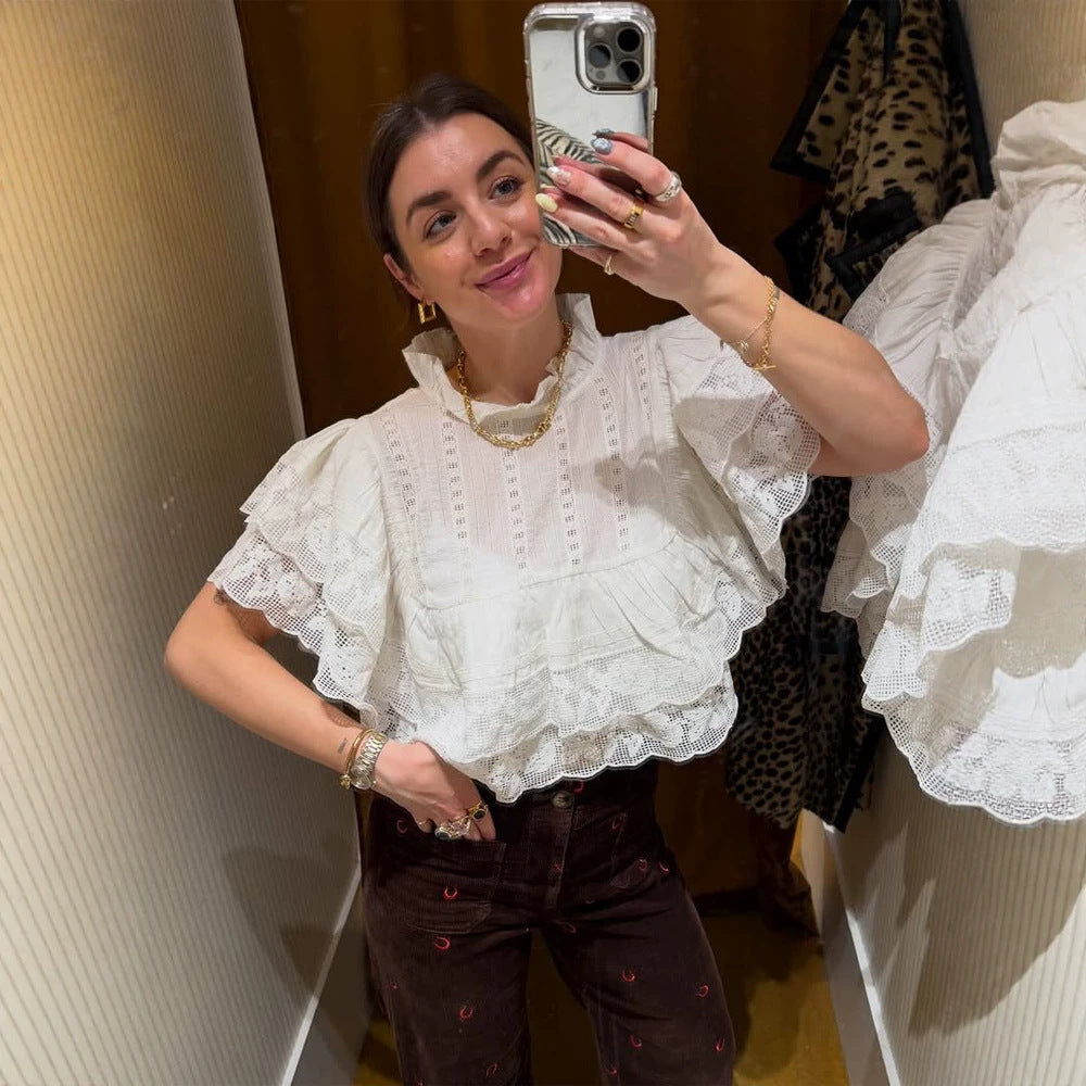 Damen Spitzenbluse im Cropped-Volantstil mit Stehkragen und Lagenrüschen Drune