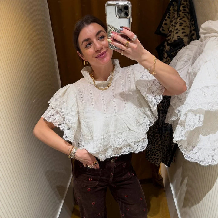 Damen Spitzenbluse im Cropped-Volantstil mit Stehkragen und Lagenrüschen Drune