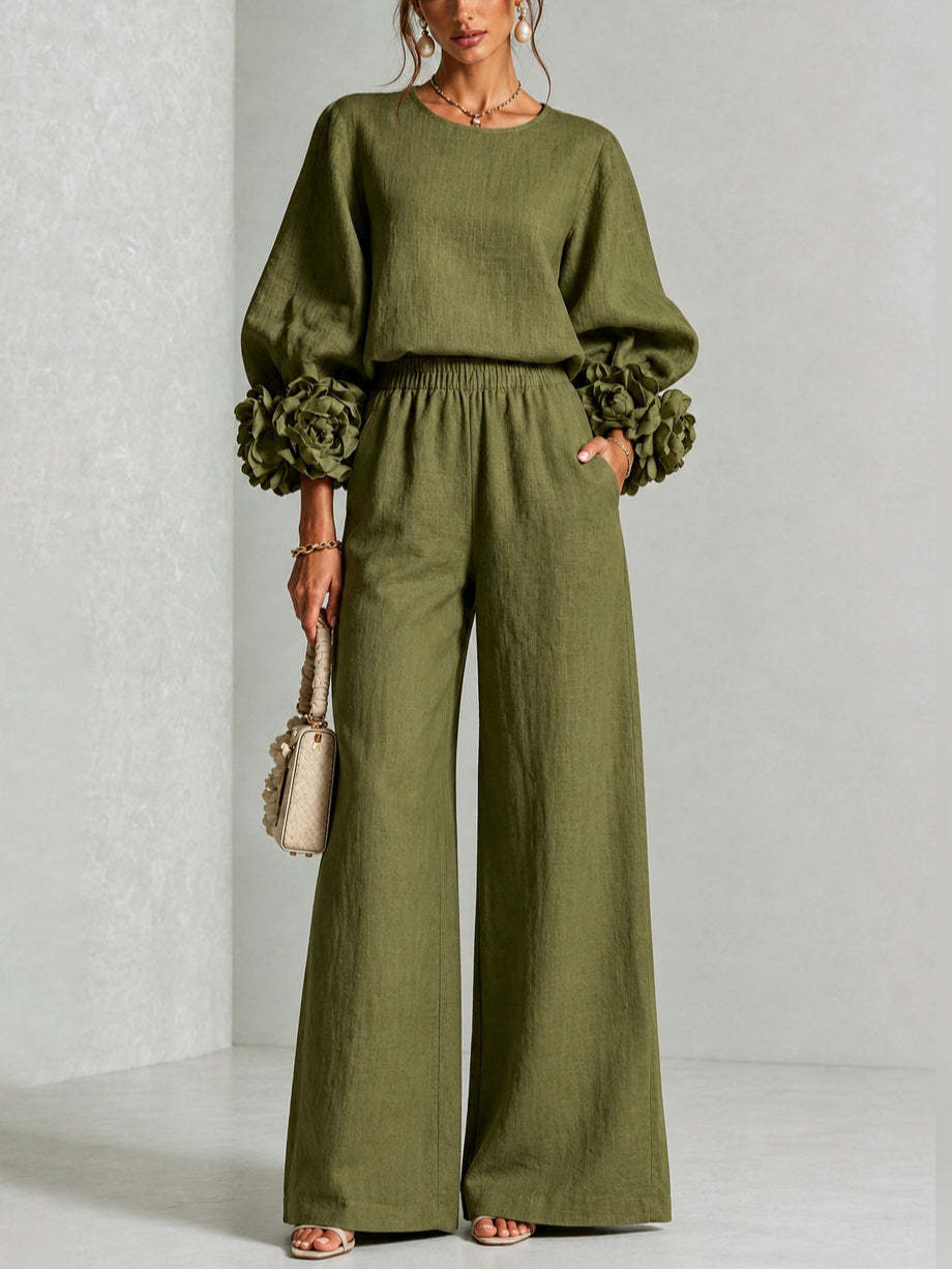 Damen Zweiteiliges Ensemble mit Ballonärmeln und Blumenmanschetten Drune
