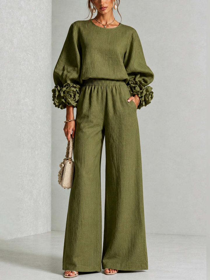 Damen Zweiteiliges Ensemble mit Ballonärmeln und Blumenmanschetten Drune