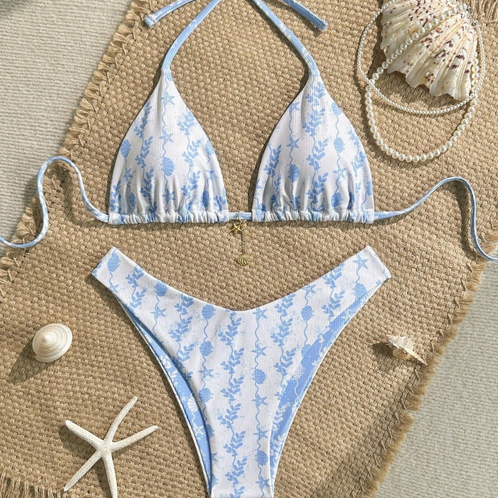 Damen Triangel-Bikini mit maritimem Muster und verstellbaren Bindebändern Drune