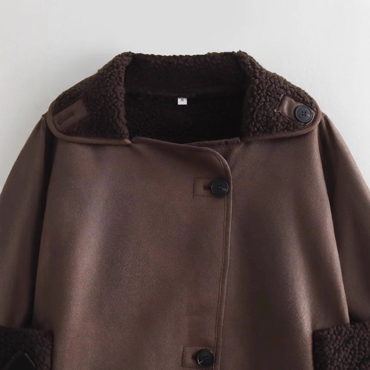 Damen nan kurze Lammfelloptik Jacke im Boxy-Schnitt mit Teddyfutter und aufgesetzten Taschen Drune