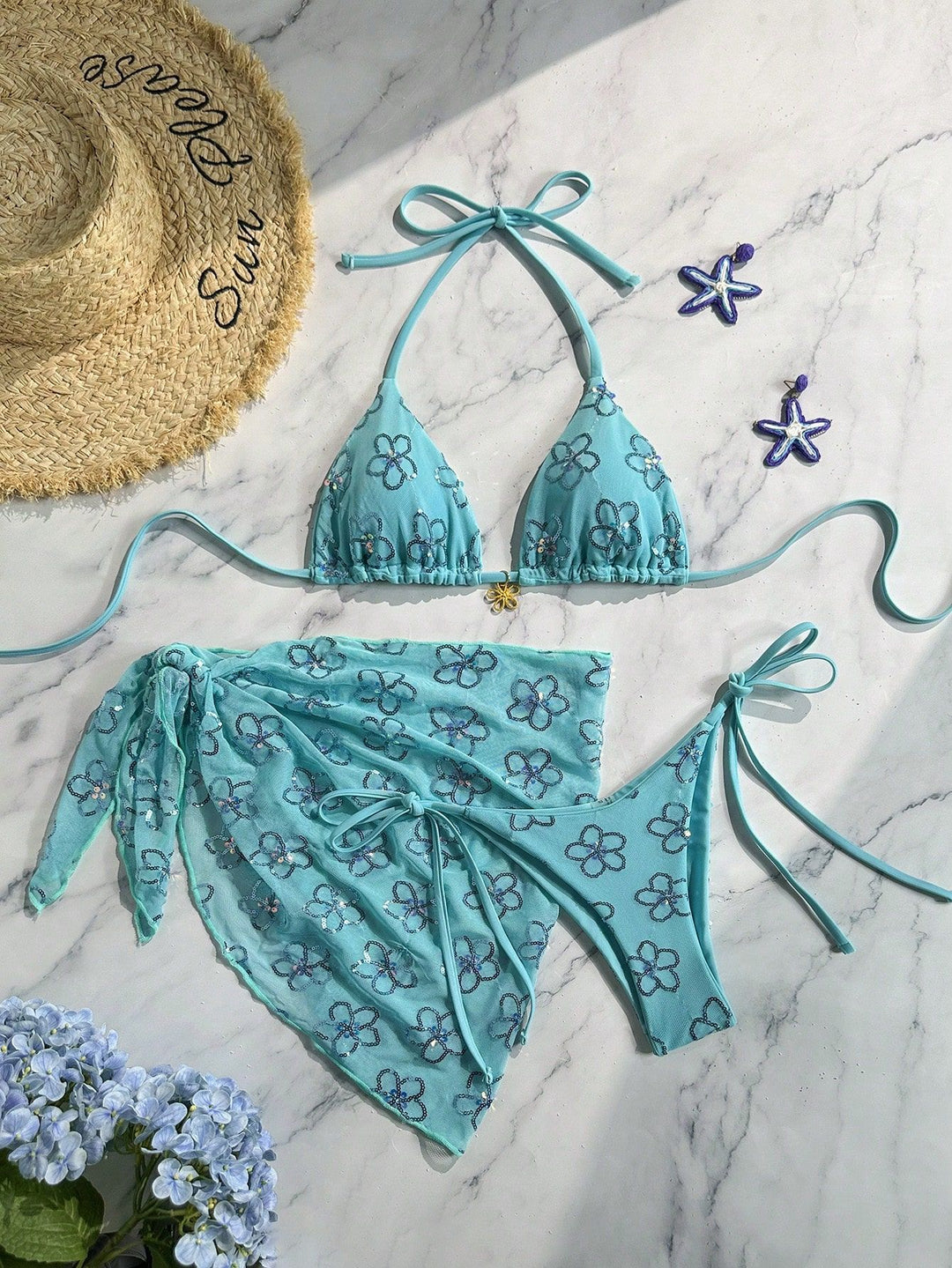 Damen blütenverzierter Bikini mit farbenfrohem Überrock Drune