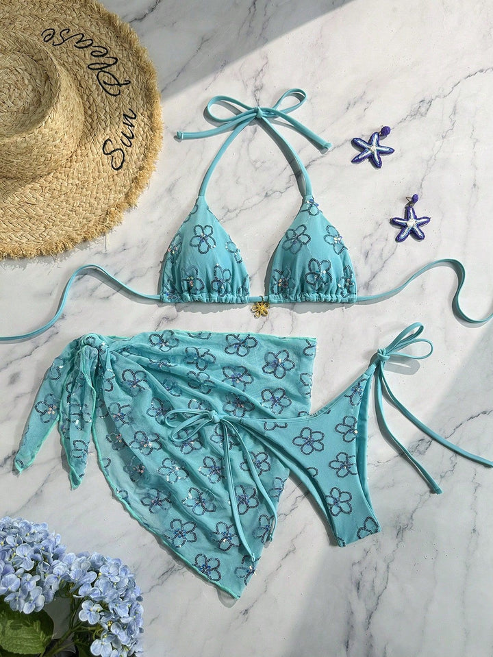 Damen blütenverzierter Bikini mit farbenfrohem Überrock Drune