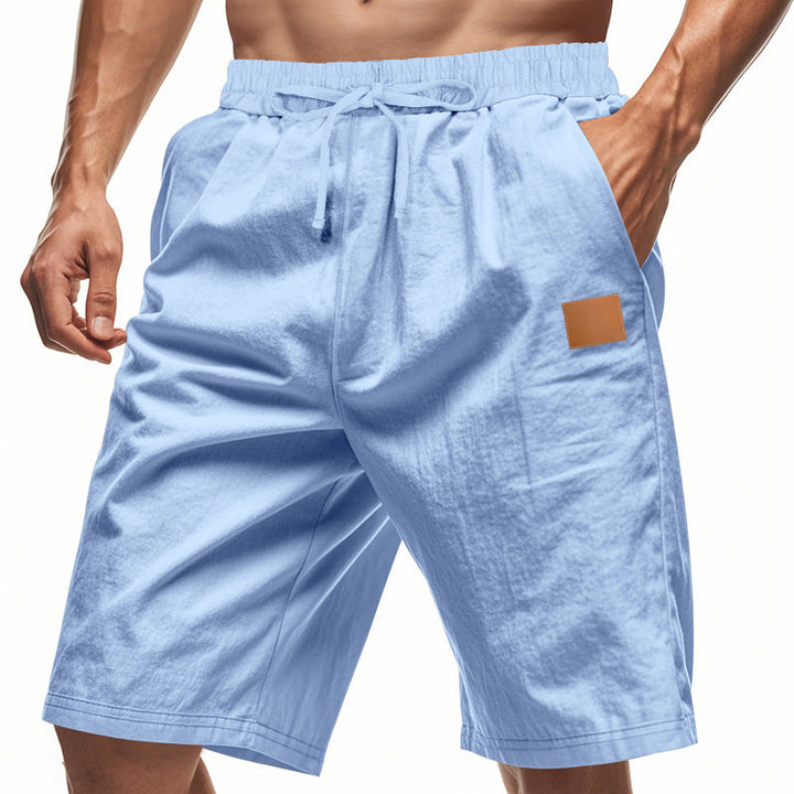 Herren nan leichte Freizeit-Bermudashorts mit Elastikbund, Kordelzug und dezenter Lederapplikation Drune