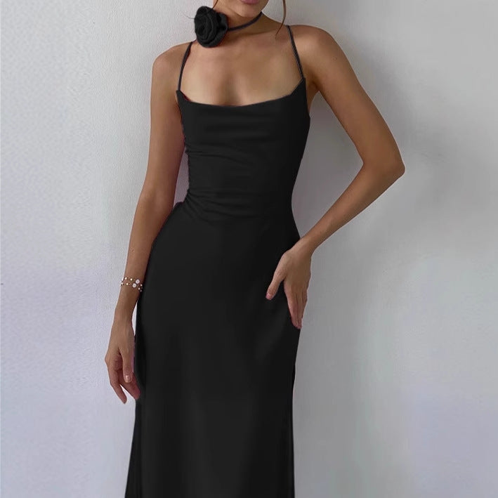 Damen Elegantes Bodenkotan Maxi-Kleid mit schmalen Spaghetti-Trägern und tiefem Ausschnitt Drune