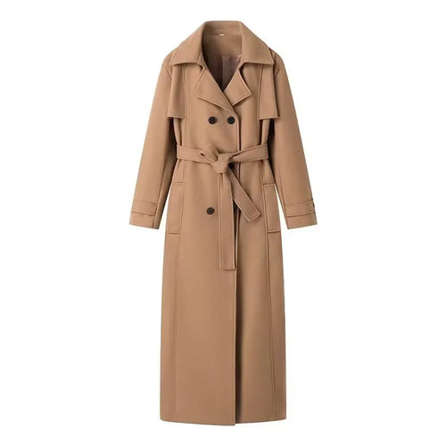 Damen nan langer taillierter Trenchcoat-Mantel mit Schalkragen, Bindegürtel und dekorativen Wiener Nähten Drune
