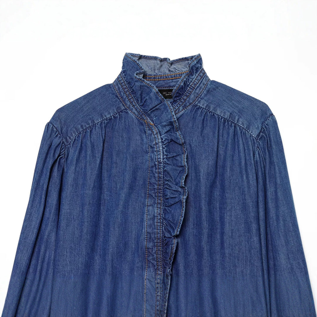 Damen Weiche Denim-Tunika mit Rüschenblende, Stehkragen und Ballonärmeln Drune