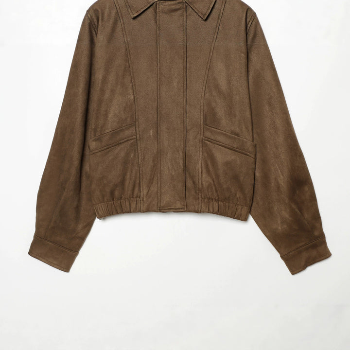 Damen Cropped Blousonjacke im Wildleder‑Look mit Hemdkragen, Epauletten und elastischem Bund Drune