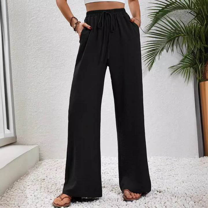 Damen Weite Palazzohose mit hohem Elastikbund, Kordelzug und Eingrifftaschen Drune