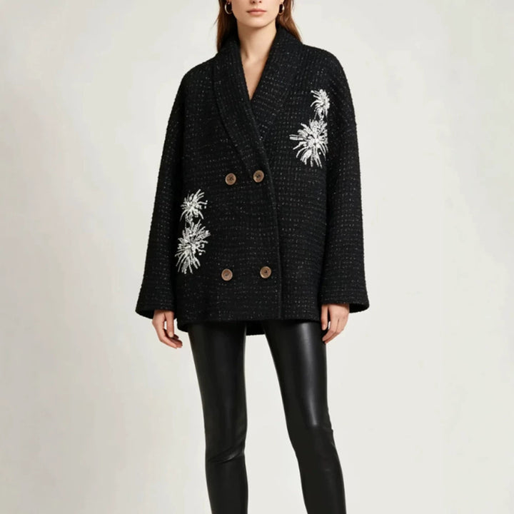 Damen Oversize-Bouclé-Manteljacke mit Schalkragen und floraler Stickerei Drune