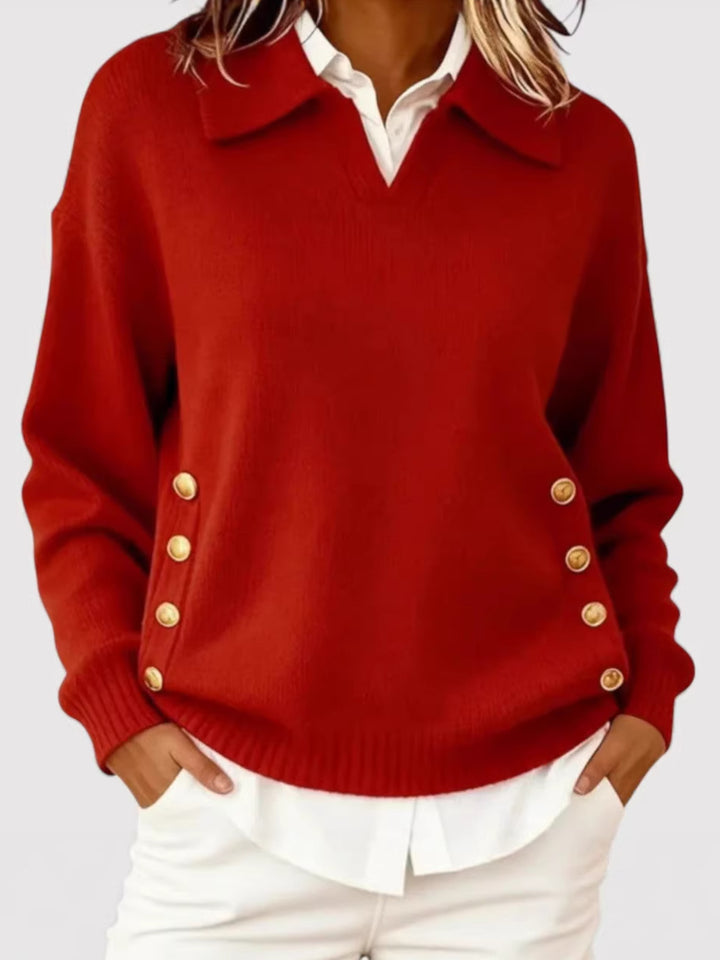 Damen Modischer Strickpullover mit Kragen und Knopfdetails