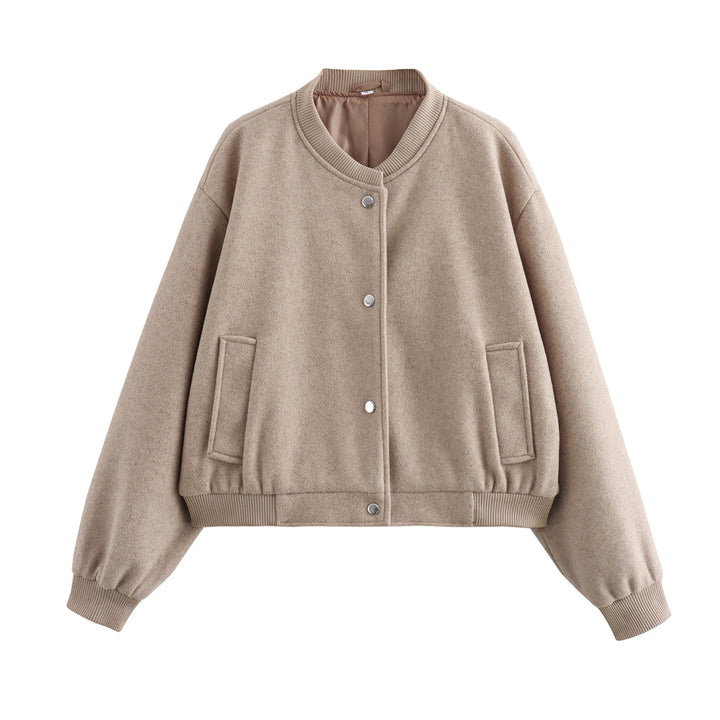 Damen Kurze Oversize-Collegejacke im Wollmix mit Druckknopfverschluss, Eingrifftaschen und Rippenbündchen Drune
