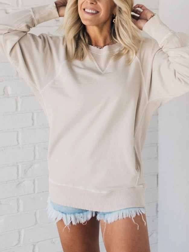 Damen Oversize Baumwoll-Sweatshirt mit V‑Stitch, Rippbündchen und Seitentaschen Drune