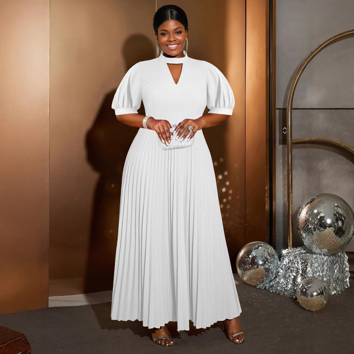 Damen elegantes Maxikleid mit plissiertem Rock und modischem Schlüssel-Ausschnitt Drune