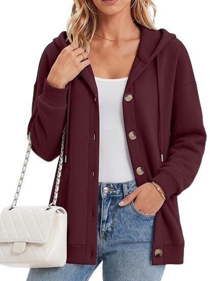 Damen Fleece-Kapuzencardigan mit Knopfleiste, Raglanärmeln und Eingrifftaschen Drune
