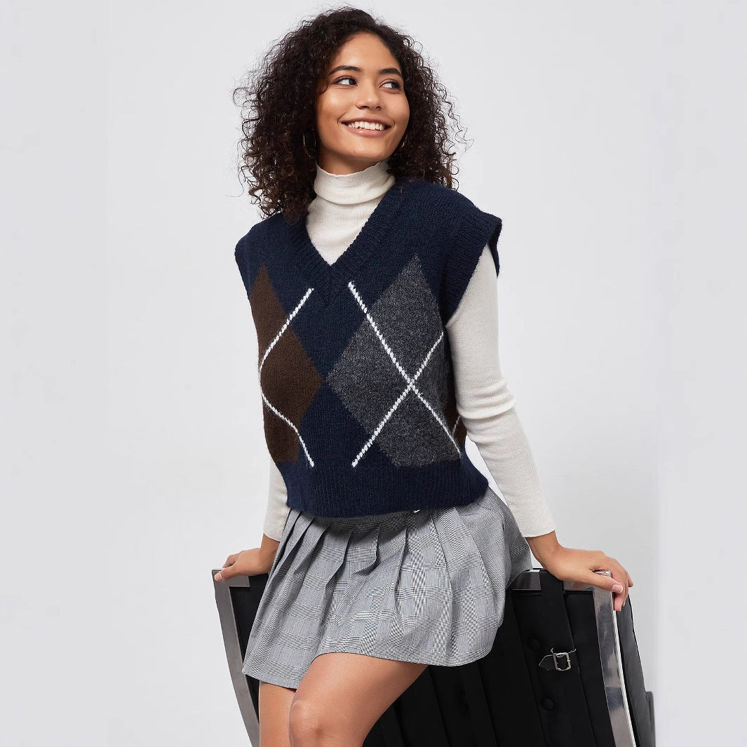 Damen Strickpullover mit modernem Rautenmuster Drune