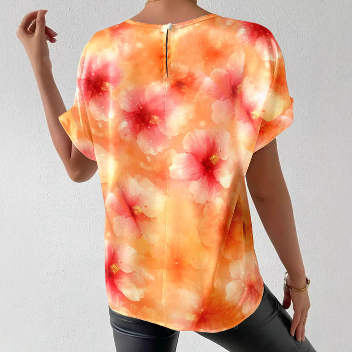 Damen nan lockeres Kurzblusen-Shirt in Seidenoptik mit Aquarellblütenprint und Umschlagärmeln Drune
