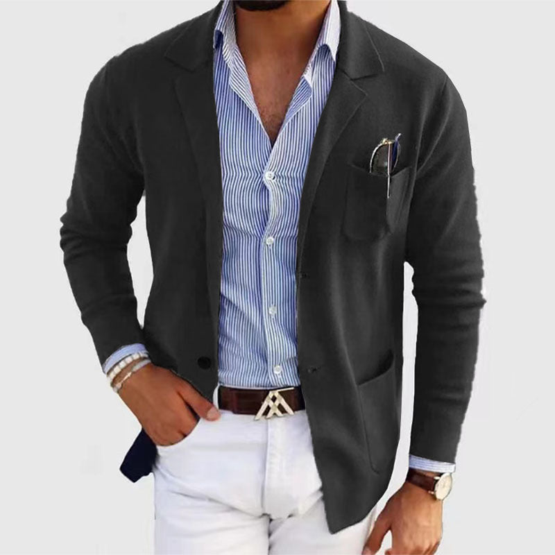 Herren lässiger Strickblazer im Sakko-Stil mit Brusttasche und aufgesetzten Taschen Drune