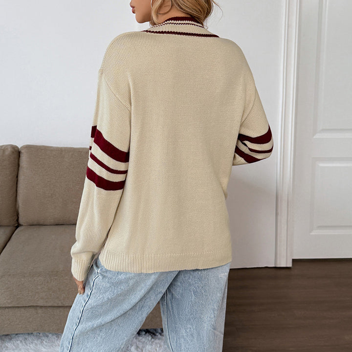 Damen Oversize V-Ausschnitt Strickpullover mit One-Shoulder, Kontraststreifen und gerippten Bündchen Drune