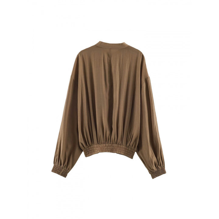 Damen Kurz geschnittene plissierte Blousonjacke mit Ballonärmeln und Smockbund Drune