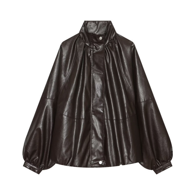 Damen Glänzender Cropped Blouson aus Kunstleder mit hohem Stehkragen und voluminösen Ballonärmeln Drune