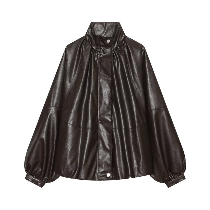 Damen Glänzender Cropped Blouson aus Kunstleder mit hohem Stehkragen und voluminösen Ballonärmeln Drune