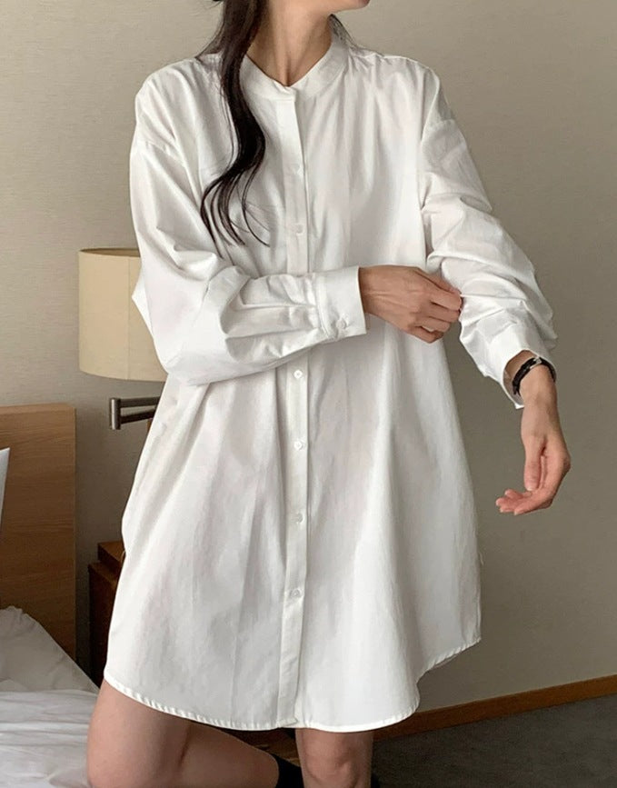 Damen Weites Baumwoll-Hemdblusenkleid mit Stehkragen, Oversize-Schnitt und gerundetem Saum Drune