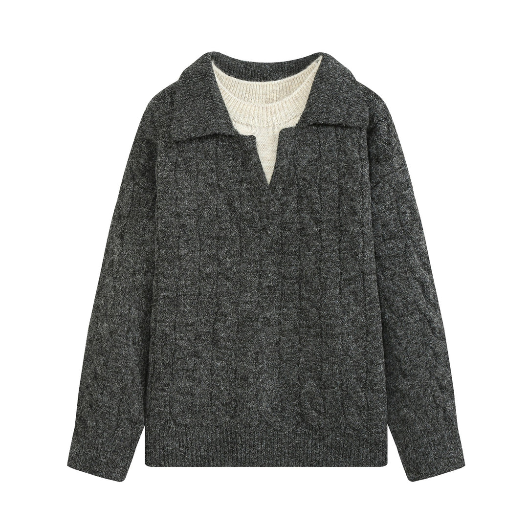 Damen Oversize Zopfstrickpullover mit weitem Umlegekragen und innerem Rippkragen Drune