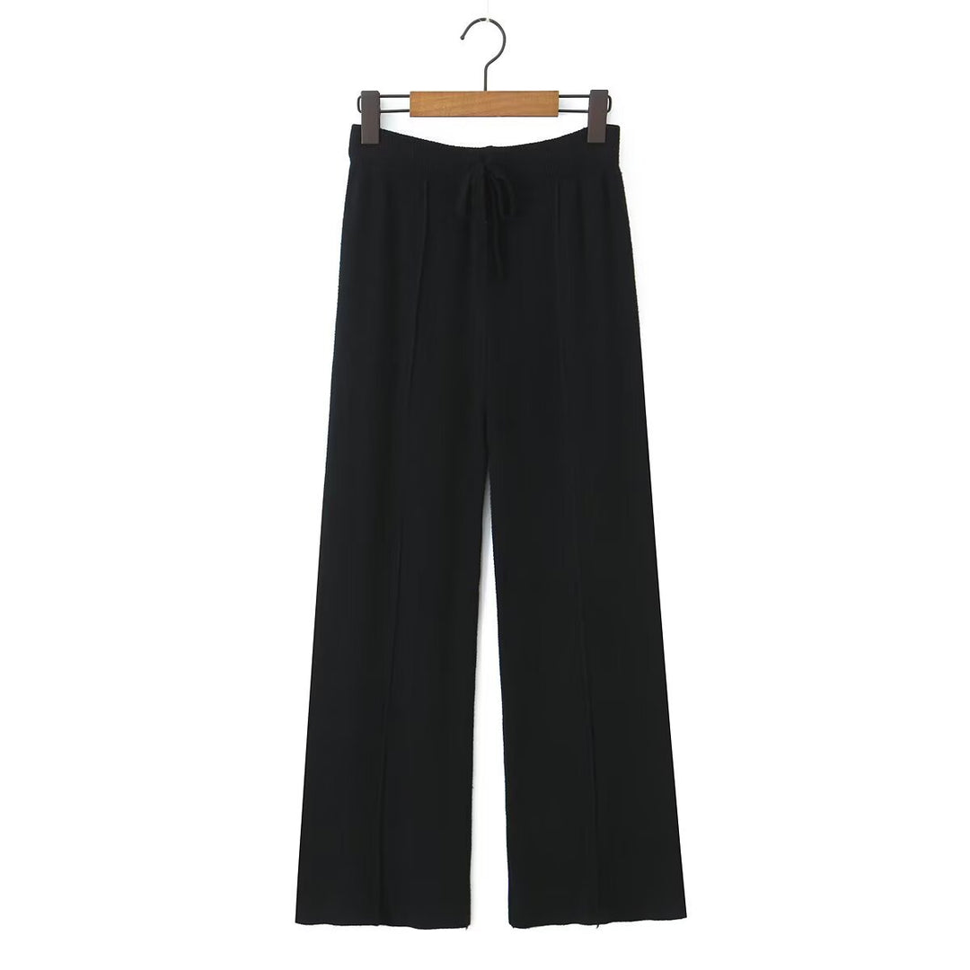 Damen weite Strickhose mit hoher Taille, sichtbarer Bügelfalte und Kordelzugbund Drune