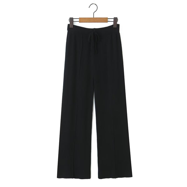 Damen weite Strickhose mit hoher Taille, sichtbarer Bügelfalte und Kordelzugbund Drune
