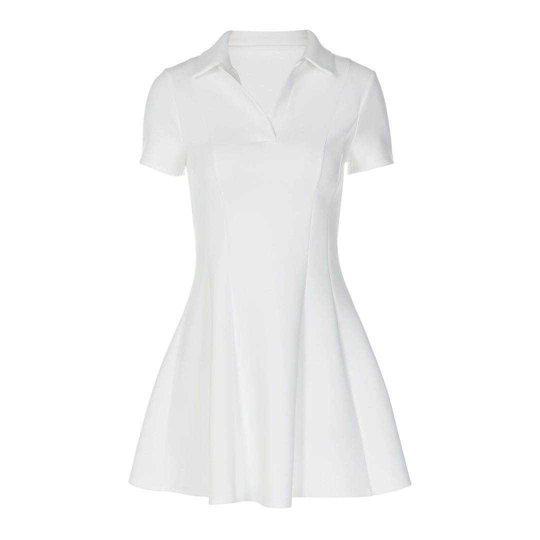Damen Kurzarm Kleid mit modischem Polokragen und fließendem Schnitt Drune