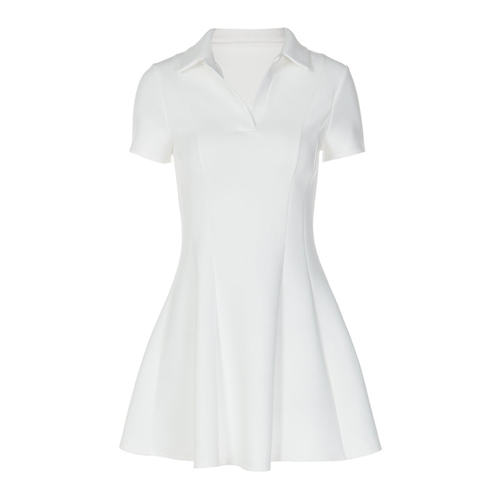 Damen Kurzarm Kleid mit modischem Polokragen und fließendem Schnitt Drune