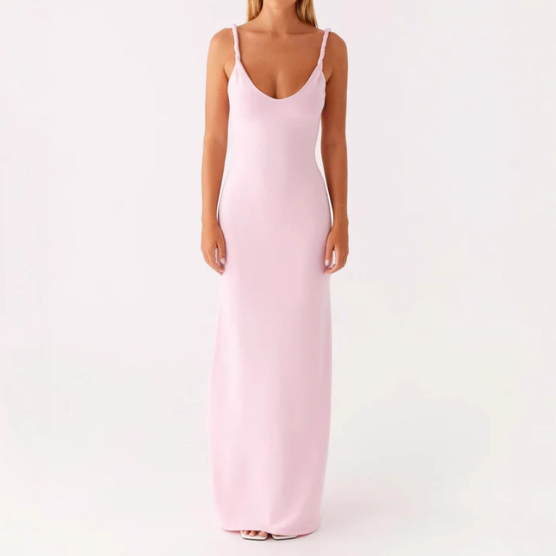 Damen Langarm-Maxikleid aus hochwertigem, elastischem Material mit tiefem V-Ausschnitt und eleganten Spaghetti-Trägern Drune