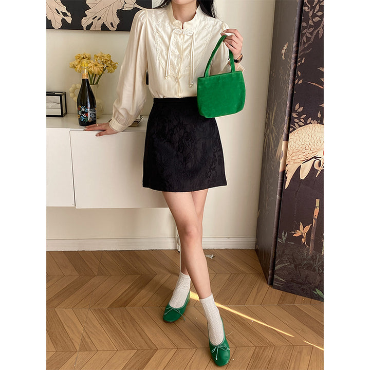 Damen elegante Bluse mit Rüschen und Perlen Drune