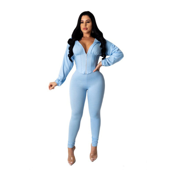 Damen Jumpsuit mit modischem Reißverschluss und sportlichem Crop-Top Drune