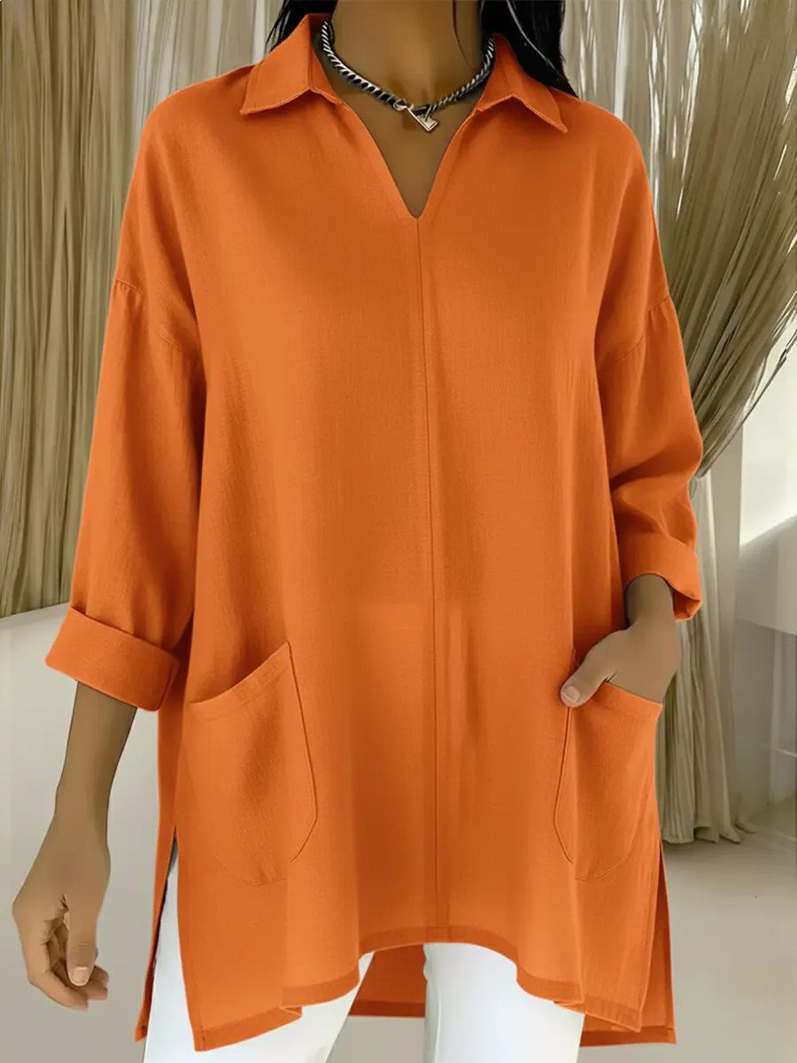 Damen Oversize-Tunika mit Hemdkragen, V-Ausschnitt und aufgesetzten Taschen Drune