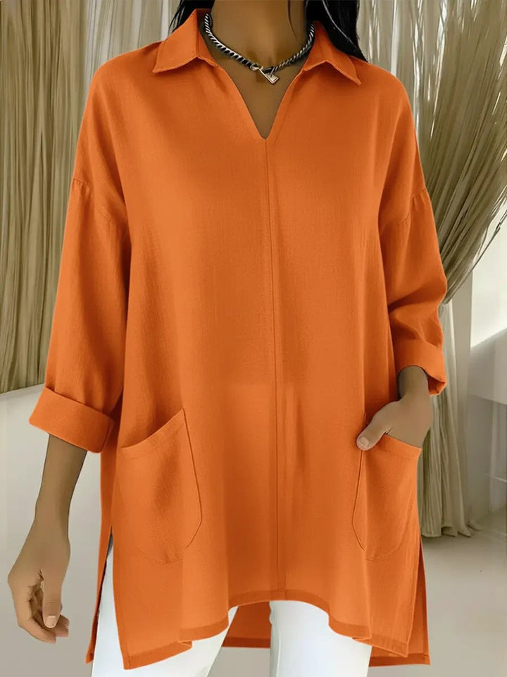 Damen Oversize-Tunika mit Hemdkragen, V-Ausschnitt und aufgesetzten Taschen Drune