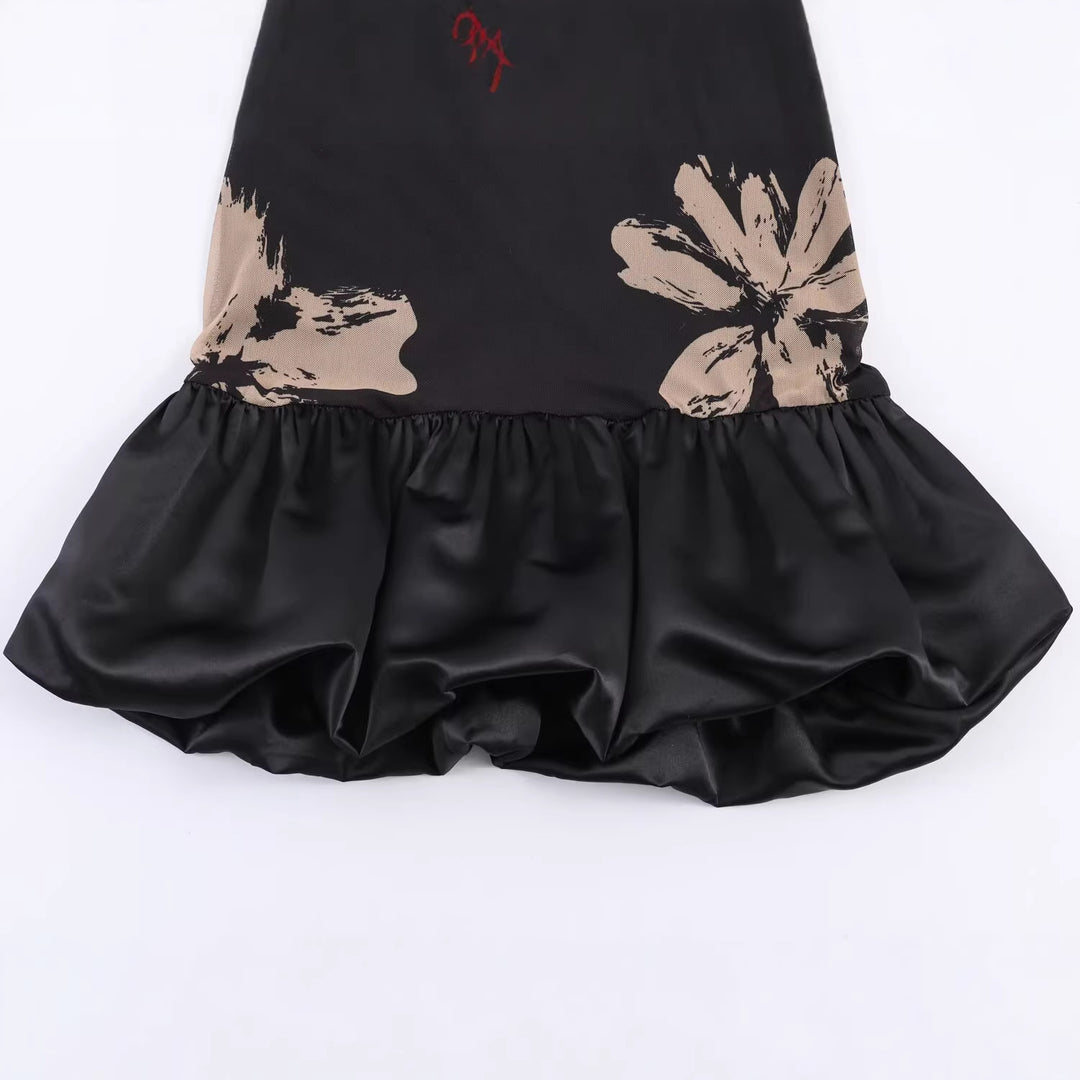 Damen Kurzes A-Linien-Kleid mit Blumenprint, transparenten Trompetenärmeln und Satinvolant Drune
